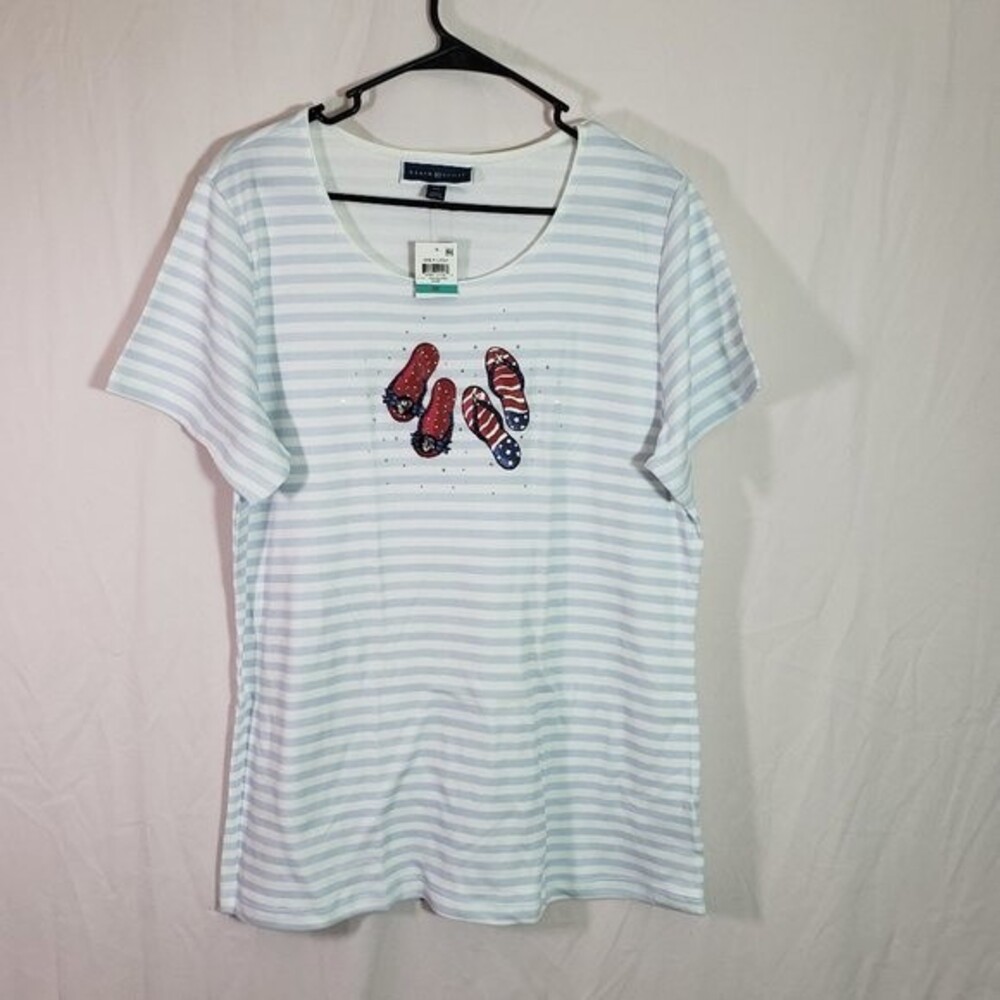 Karen Scott Striped Top Graphic Flip Flops Print Sequins Summer (AG) - Picture 2 of 8